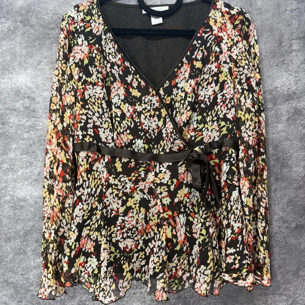 Y2K Nine West Babydoll Faux Wrap Top Womens 12 100% Silk Floral Fairy Grunge